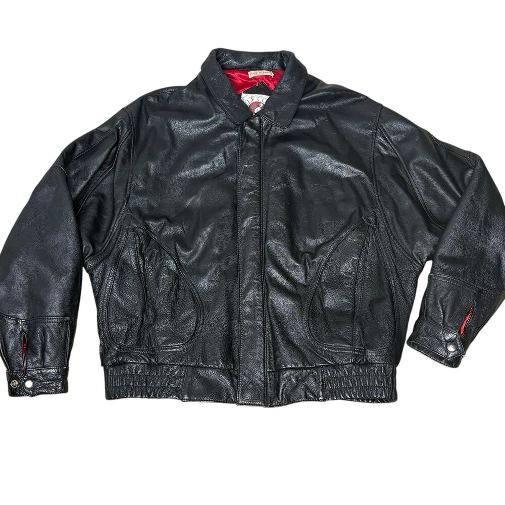 Vintage 80s Leather Bomber Jacket Elbow Patches Black Baggy Size M